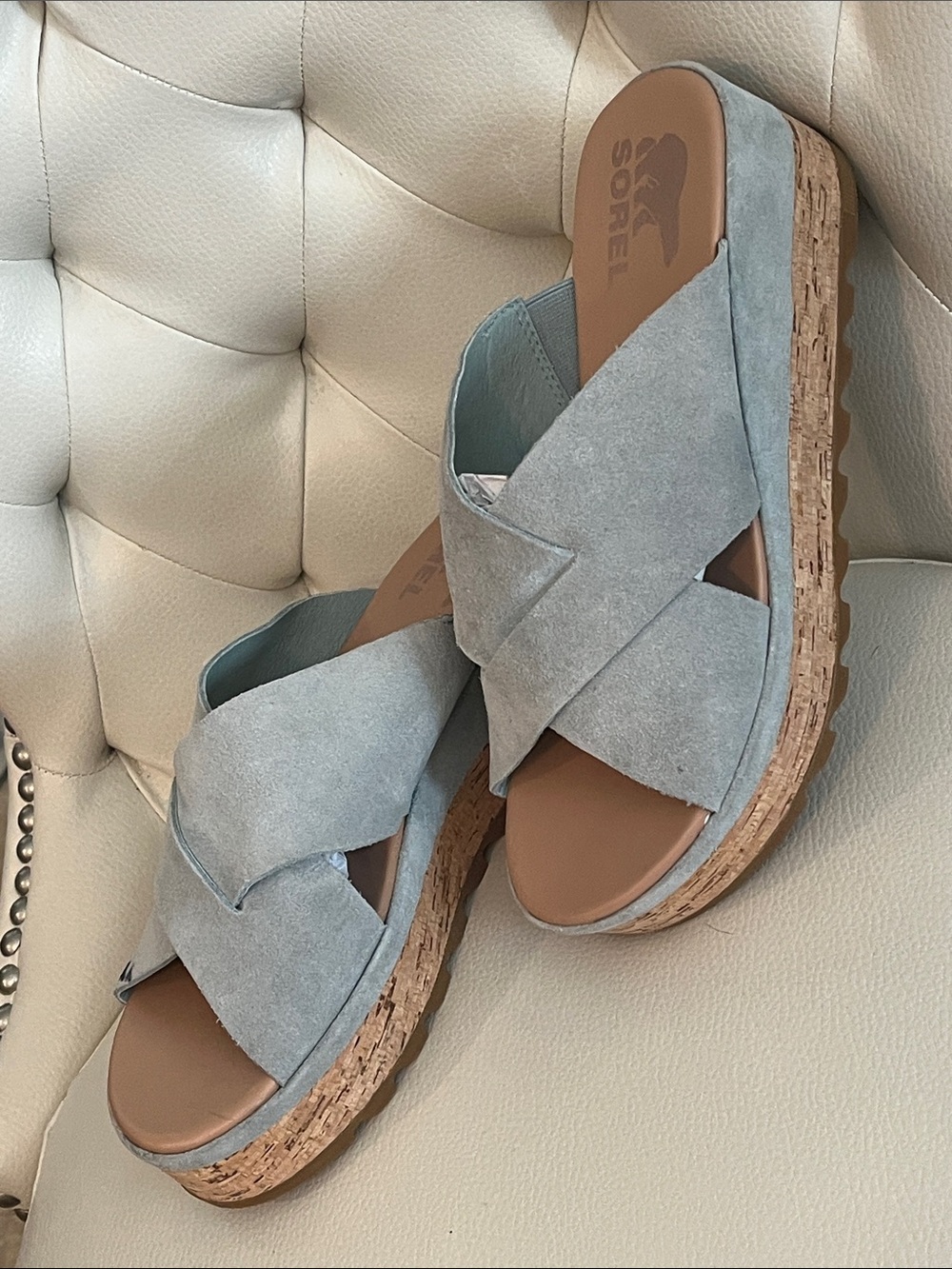 Sorel Light Blue Suede Crisscross Cork Wedge Sandals